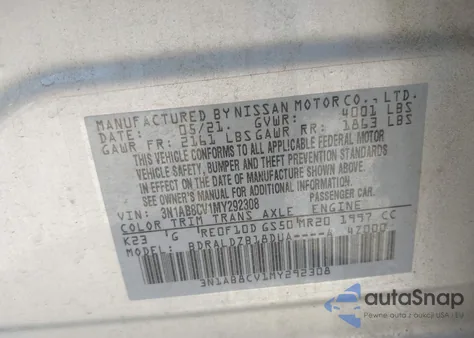 2021 Nissan Sentra Sv Xtronic Cvt из США, поврежденный, VIN 3N1AB8CV1MY292308